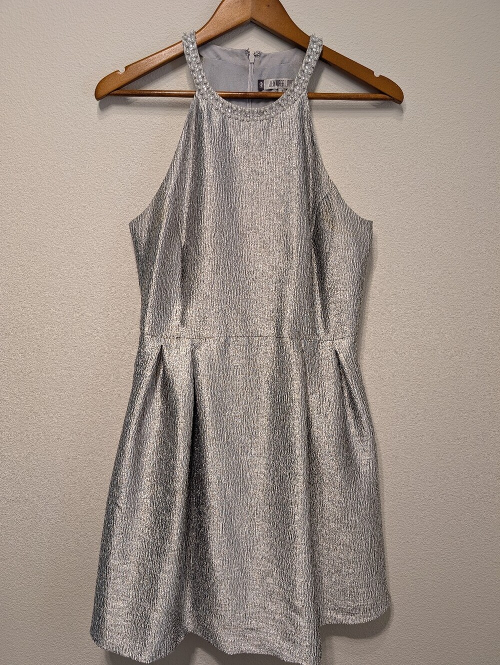 Jennifer Lopez Silver Metallic Halter Fit-and-Flare Dress